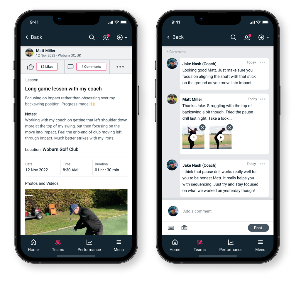 Interact with your players through commenting, lesson notes and video